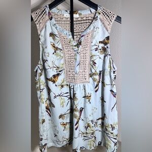 Daniel Rainn Bird Print Boho Blouse Size L Blue Lace Sleeveless Top